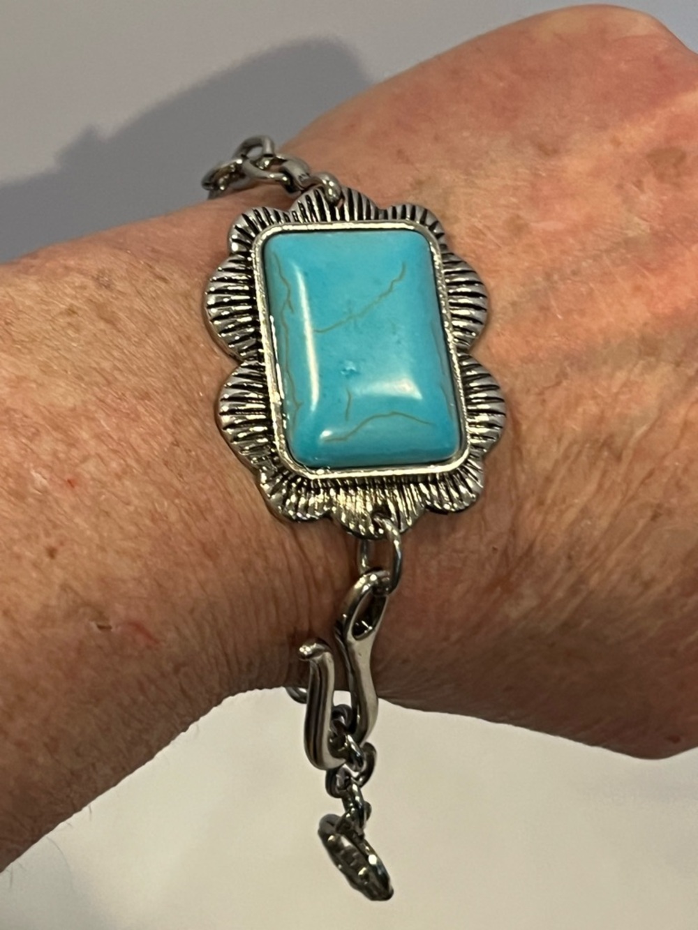 Turquoise Stone Silver-Accent Bracelet - Blue - Picture 2 of 7